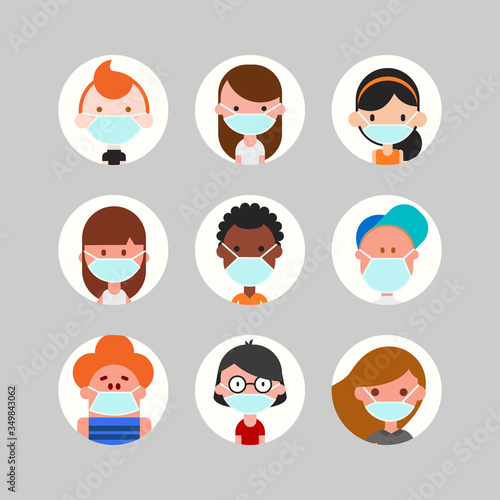 Teens and kids avatar collection. Cute children, boys and girls faces wearing medical face mask, Colorful user pic icons. Flat design style cartoon illustration.