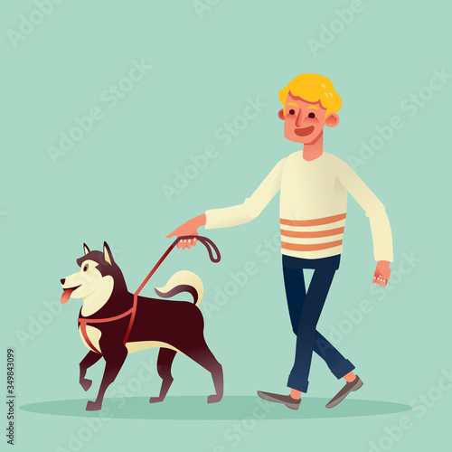 Happy man walking with his dog. vector cartoon illustration.