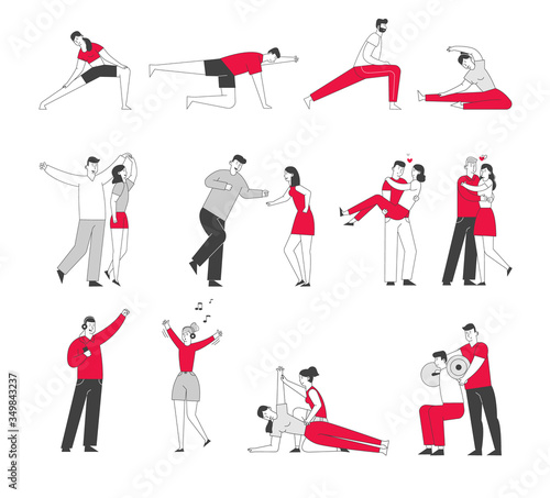 Set of Male and Female Characters Exercising in Gym, Doing Training Workout with Coach. Men and Women Listening Music and Dance, People Dating Isolated on White Background. Linear Vector Illustration