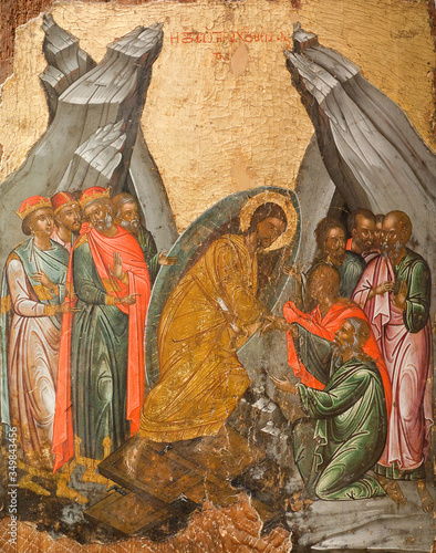 Ancient Greek icon of the Resurrection -  Descent into Hell, the Anastasis. 17th cent. Cretan workshop. photo