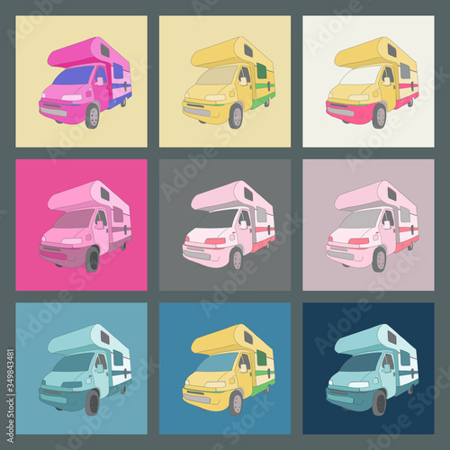 Vector set of multicolored camping cars. The concept of traveling to a motor home, camping camper van, car trip. Pastel colors, simple flat outline style. Vector EPS 10