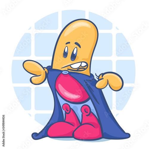 Cute cartoon character pill. Super hero. Vector illustration isolated on white background