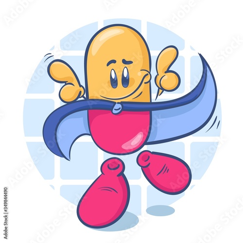 Cute cartoon character pill. Super hero. Vector illustration isolated on white background