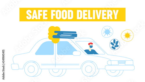 Male Character Riding Car Delivering Food to People at Covid19 Pandemic Quarantine Self Isolation. Man Courier or Volunteer Help to Prevent Virus Spreading at Epidemic Time. Linear Vector Illustration