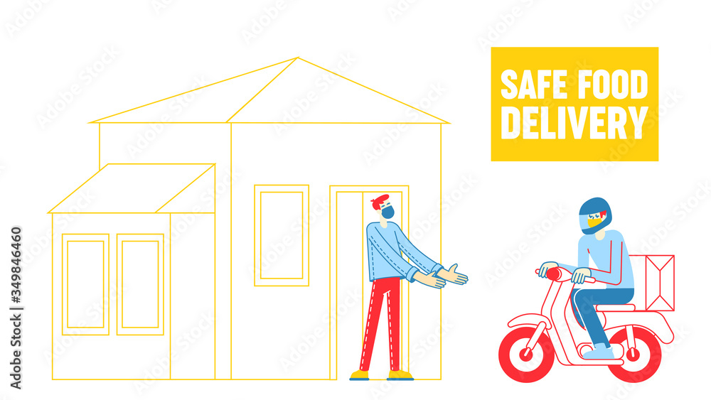 Characters. Safe Food Delivery. Courier Character Delivering Grocery Order to Customer Home on Moped During Coronavirus Pandemic. Scooter Express Shipping Service. Linear People Vector Illustration Characters. Safe Food Delivery. Courier Character Delivering Grocery Order to Customer Home on Moped During Coronavirus Pandemic. Scooter Express Shipping Service. Linear People Vector Illustration