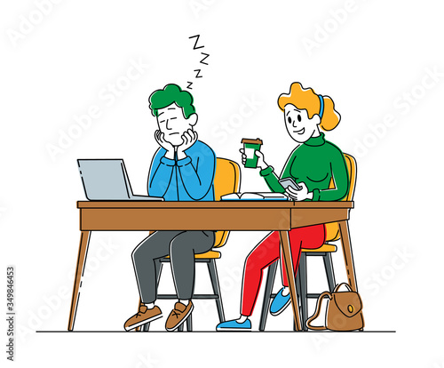 Students Sitting at Desks Visiting Lecture in University. Male Character Sleeping, Girl Holding Coffee in Hand. People Learning Seminar, Higher Education, Gaining Knowledge. Linear Vector Illustration