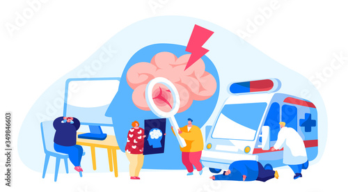 Brain Stroke, Apoplexy, Insult Attack Concept. Ambulance Hospitalize Patient Character to Clinic, Doctor Learn Broken Bleeding Vessel in Human Brain. Man Head Ache. Cartoon People Vector Illustration
