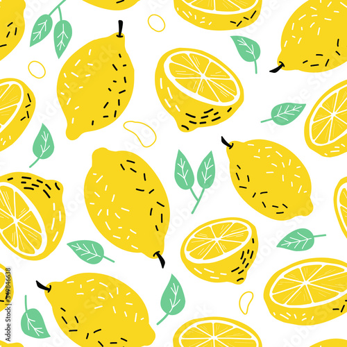Hand drawn lemon, a slice of lemon. Illustration of a manual graphic. Set. vector illustration. seamless pattern.