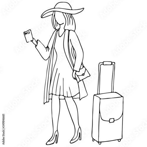 vector illustration, linear drawing, woman with passport, travel, suitcase, isolate on a white background