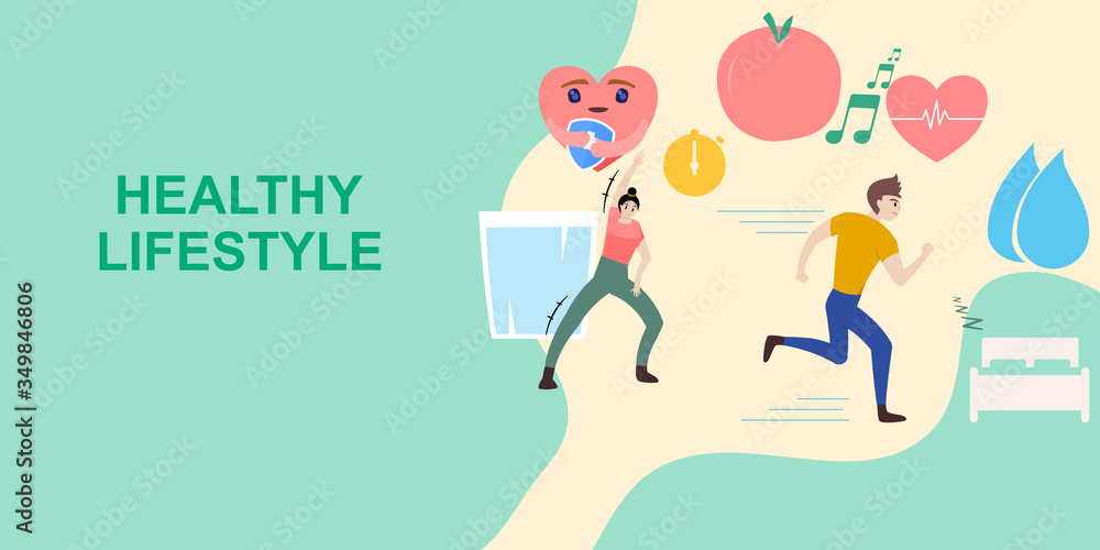 Healthy Lifestyle Concept. People are exercise for good health. Fresh Fruit, Music note, drink fresh water and sleeping. Vector illustration Healthy Lifestyle Concept. People are exercise for good health. Fresh Fruit, Music note, drink fresh water and sleeping. Vector illustration