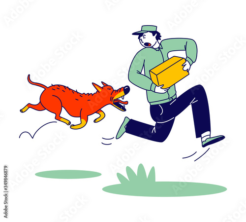 Delivery Man Character with Parcel in Hands Run Away of Aggressive Dog Chasing him on Street. Danger of Mailman Work. Angry Animal Protect Territory of Stranger, Pet Attack. Linear Vector Illustration