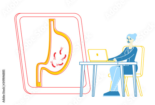 Tiny Gastroenterologist Female Doctor Character Work on Laptop Looking on Sick Human Stomach with Helicobacter Pylori Germs. Medic Study Gastritis Symptoms and Causes. Linear Vector Illustration