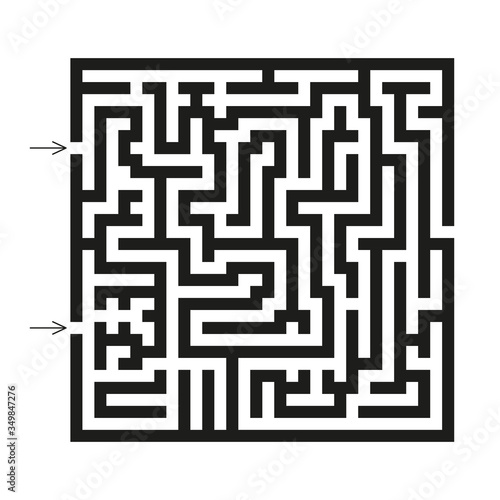 Black square vector maze isolated on white background. Black labyrinth with two entrances. Vector maze icon. Labyrinth symbol. Kids puzzle