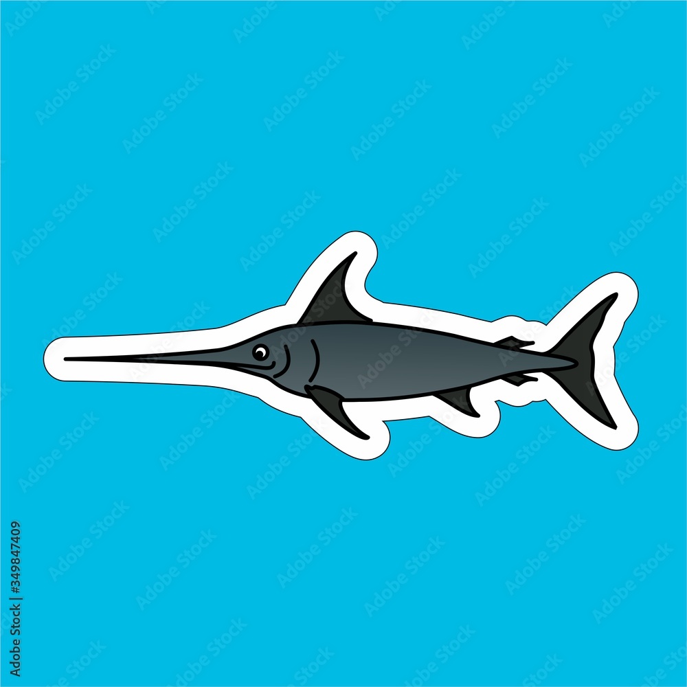Fototapeta premium Sticker of Swordfish Cartoon, Cute Funny Character, Flat Design