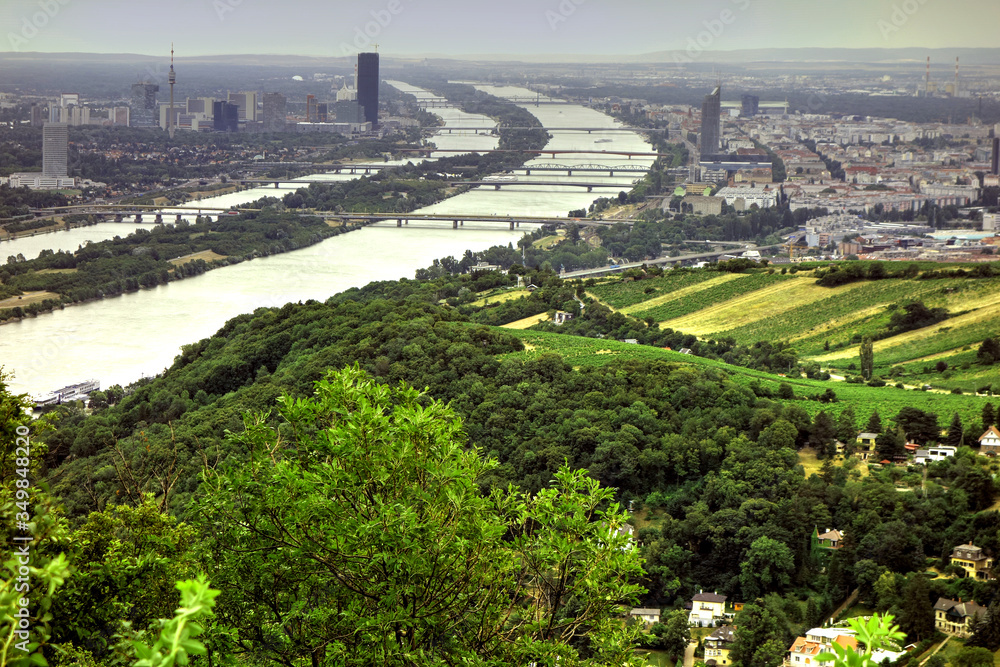 Danube river green valley near Vienna Austria.
