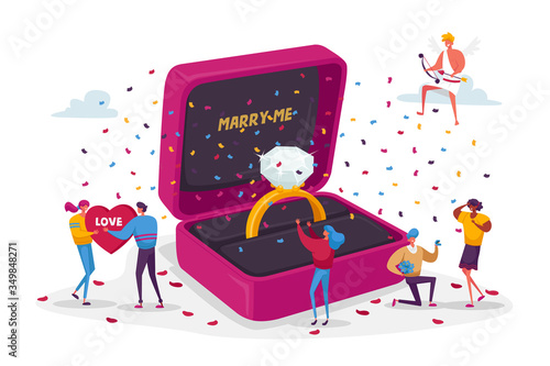 Characters. Romantic Proposal Concept. Men Asking Women to Marry Standing on Knee at Huge Engagement Ring. Love Relationship Marriage, Valentines Day, Bride Groom. Cartoon People Vector Illustration