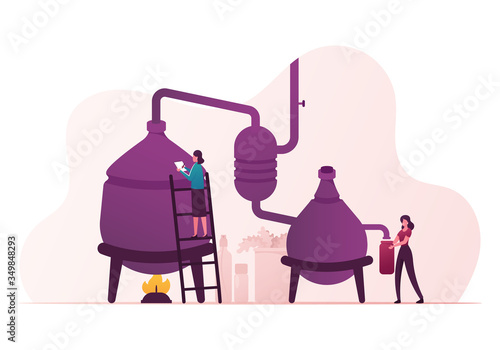 Essential Oil Creation. Characters Use Distillation Apparatus for Mixing Herbs and Organic Ingredients for Making Natural Cosmetics, Cosmetology. Herbal Cosmetic. Cartoon People Vector Illustration