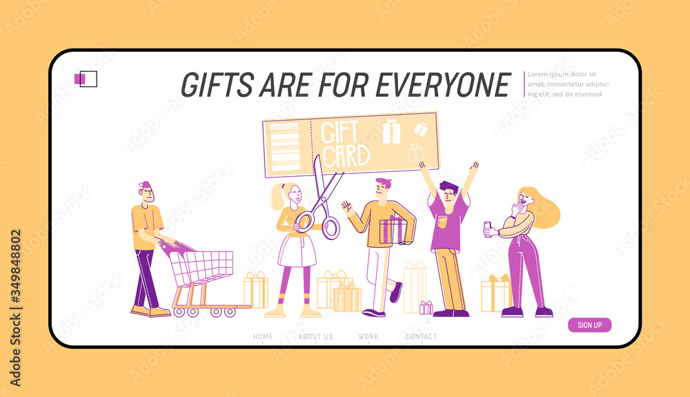 Gift Card and Sale Landing Page Template. Happy People Shopping Recreation. Customer Characters Buying Goods Using Discount Bonus Coupon. Consumerism Price Off Promo. Linear Vector Illustration Gift Card and Sale Landing Page Template. Happy People Shopping Recreation. Customer Characters Buying Goods Using Discount Bonus Coupon. Consumerism Price Off Promo. Linear Vector Illustration