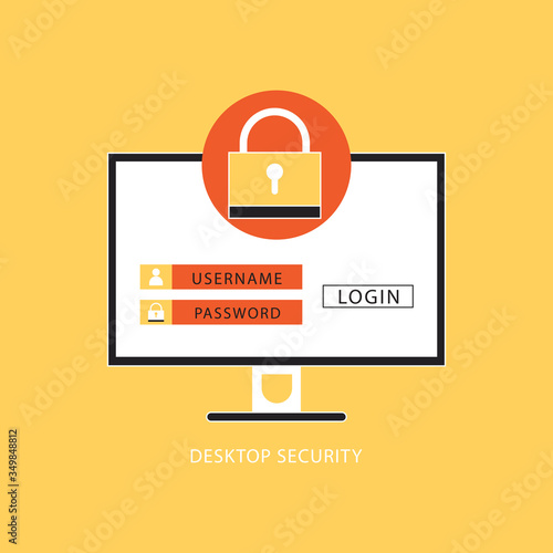 Desktop computer with unlocked password bubble notification, design of pc screen with open lock and password field