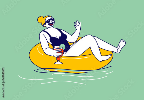 Young Woman Character Floating on Inflatable Ring Mattress Enjoying Summer Time Vacation Drinking Cocktail and Get Tan. Resort or Hotel Relax in Swimming Pool, Ocean or Sea. Linear Vector Illustration