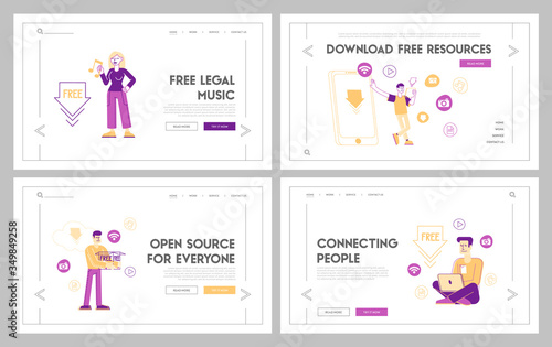 Free Download Landing Page Template Set. Characters at Huge Mobile Transfer and Sharing Files Using Torrent Servers Services. Online Media Shopping, Modern Lifestyle. Linear People Vector Illustration