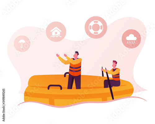 Male Rescues Characters Wearing Life Vest Floating on Inflatable Boat with Icons of Umbrella, Raining Cloud, Lifebuoy and House in Water. Help Injured People during Flood. Cartoon Vector Illustration