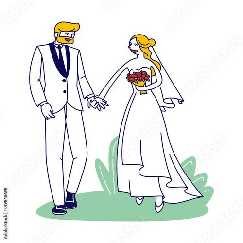 Wedding Ceremony. Happy Bridal Couple Characters Isolated on White Background. Man and Woman Getting Married. Bride and Groom Holding Hands. Newlywed People, Love Relations. Linear Vector Illustration