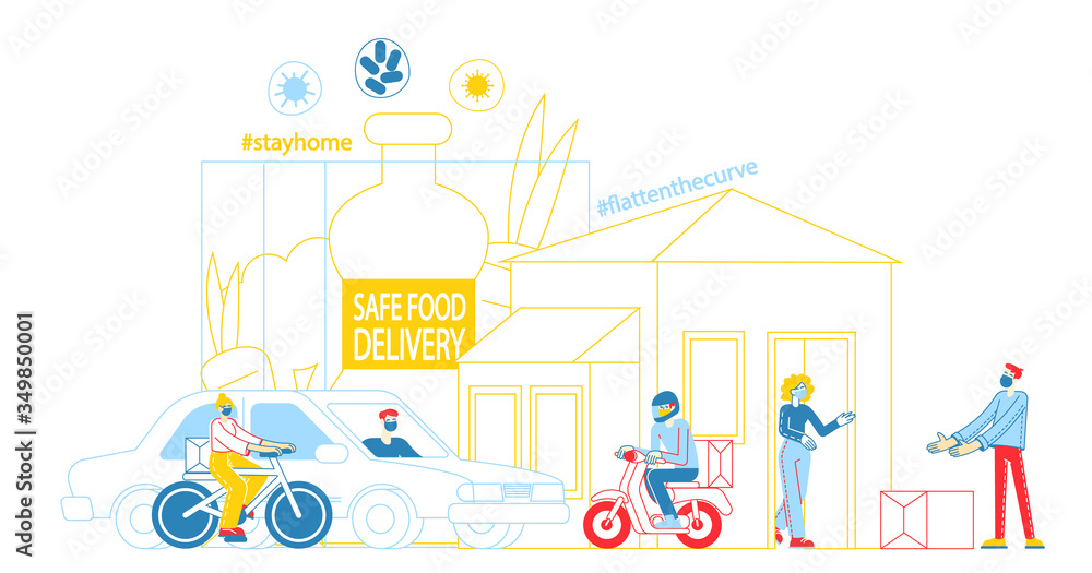 Safe Food Delivery. Courier Characters Wearing Mask Delivering Grocery Order to Home of Customers During Coronavirus Pandemic Use Car, Bike, Scooter and on Foot. Linear People Vector Illustration