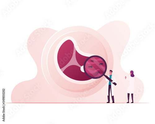 Tiny Characters Inspecting Artificial Meat in Lab Looking through Magnifier, Scientific Innovation. Scientists Growing Cultured Meat in Laboratory of Stem Cells. Cartoon People Vector Illustration