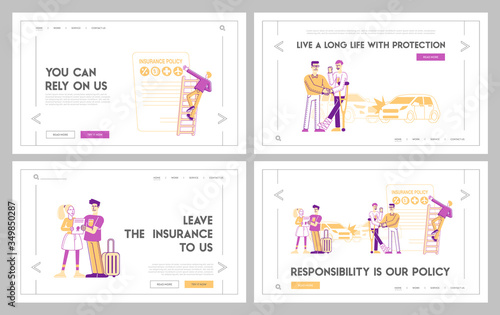 Life and Health Safety Guarantee Landing Page Template Set. People Fill Accident Insurance Form. Agent Shake Hand to Client, Policy Document. Characters Health Protection. Linear Vector Illustration