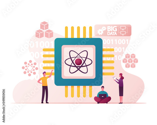 Quantum Computing Concept. Quantum-mechanical Phenomena Superposition and Entanglement to Perform Computation. Characters with Notebook Working at Huge Microchip. Cartoon People Vector Illustration
