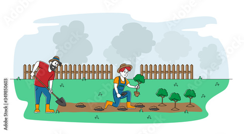 Couple of Cottager Characters Working in Garden. Man Digging Soil, Woman Planting Sprout to Ground and Care of Trees. Active Outdoors Hobby, Environment Protection. Linear People Vector Illustration