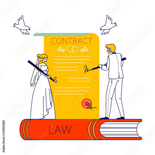 Tiny Couple of Bride and Groom Characters Stand on Huge Law Book Signing Marriage Contract with Pens. Bridal Ceremony, Notary Formalities, Registration Certificate. Linear People Vector Illustration