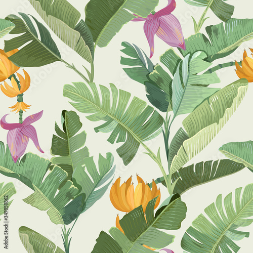 Seamless Tropical Floral Print with Exotic Green Jungle Banana Palm Leaves, Flowers and Fruits Rainforest Plants Wallpaper, Textile Ornament, Fabric Design on Beige Background. Vector Illustration