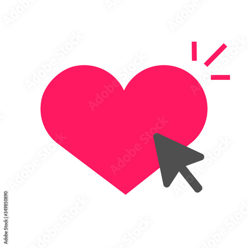 Like heart button icon with click mouse cursor pointer as subscribe and follow symbol vector flat shape, idea of online love concept element