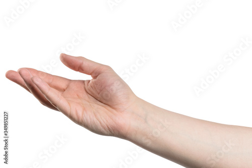 Male hand open and ready to help or receive, isolated with clipping path on white background