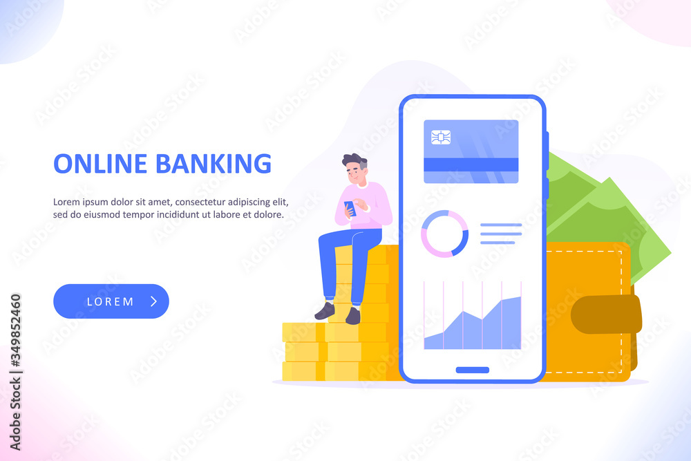 Online banking or online bank account concept. Young man sitting on pile of gold coins, financial dashboard on huge smartphone and money wallet near phone. Mobile banking dashboard vector illustration Online banking or online bank account concept. Young man sitting on pile of gold coins, financial dashboard on huge smartphone and money wallet near phone. Mobile banking dashboard vector illustration