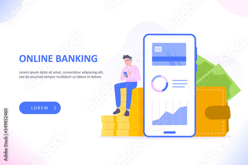 Online banking or online bank account concept. Young man sitting on pile of gold coins, financial dashboard on huge smartphone and money wallet near phone. Mobile banking dashboard vector illustration