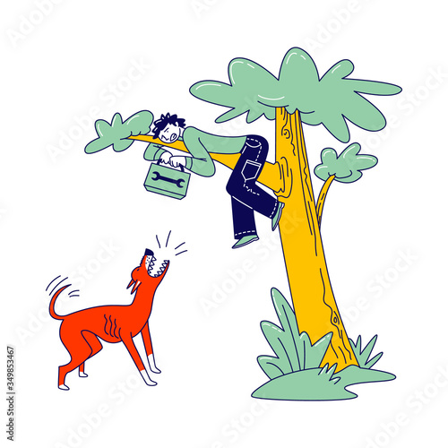 Scared Handyman with Toolbox in Hands Sitting on Tree Avoiding Dog Attack