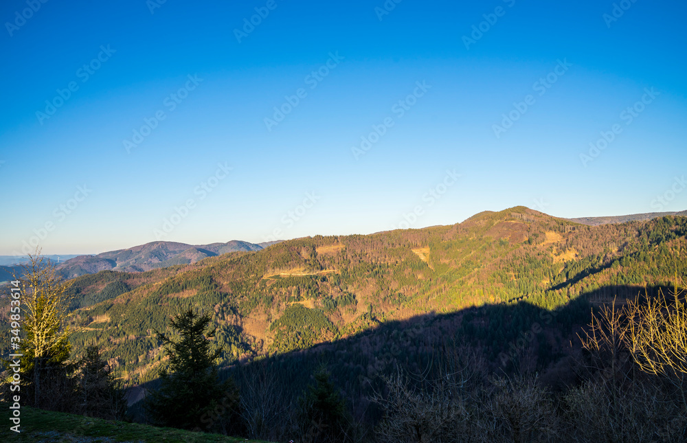 Germany, Impressive forested mountains of nature landscape in black forest scenery with view from hoernleberg mountain with moving shadows