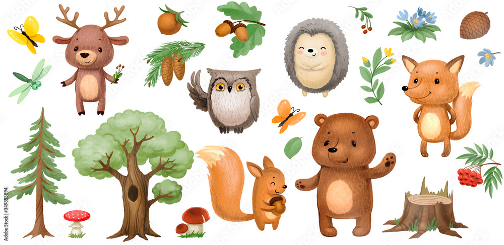 Naklejka premium forest animals stickers set isolated on white