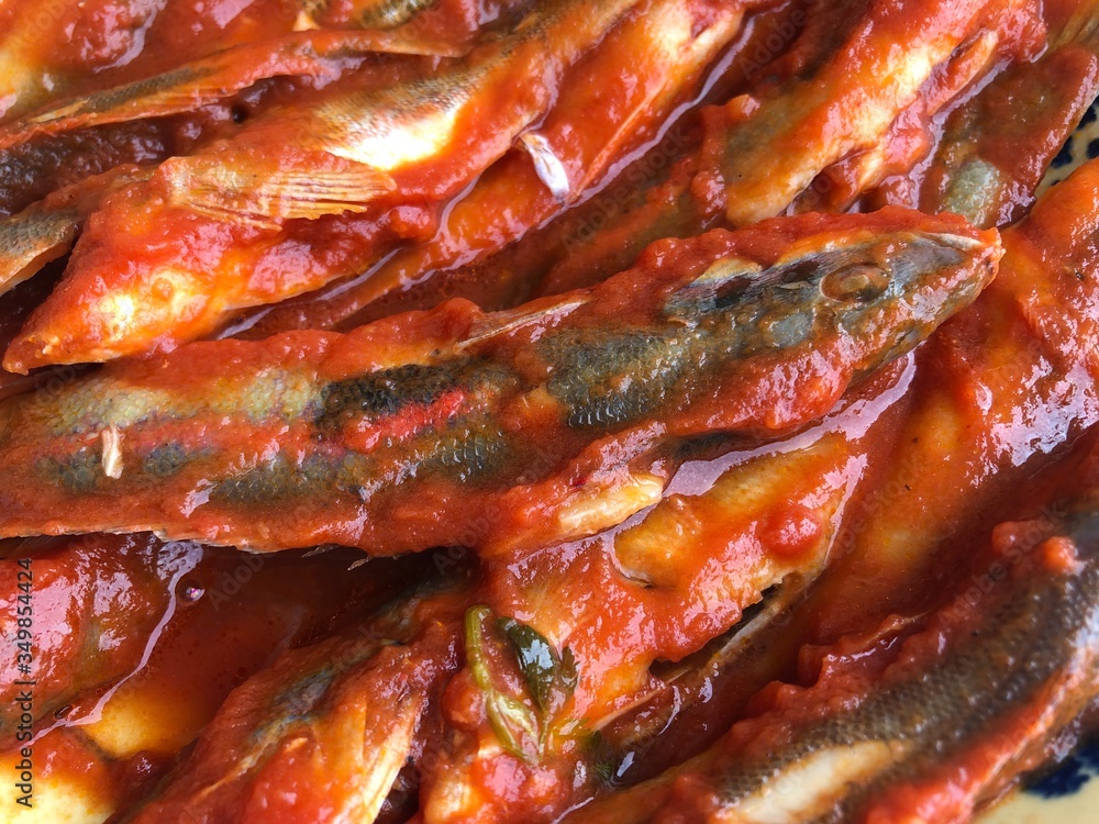 Donzella fishes cooked with tomato sauce