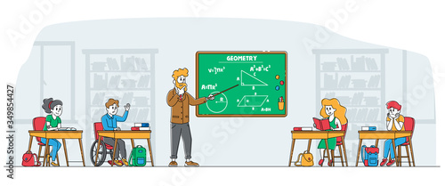 Kids on Lesson Concept. Children Characters with Teacher in Classroom. Disabled Boy in Wheelchair Sitting at Desk in Class. Disability, Education, Back to School. Linear People Vector Illustration