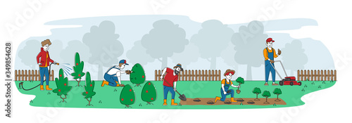 Gardening Work. Men Women Cottagers or Gardeners Planting and Caring of Trees and Plants. Happy Characters Working in Summer Garden Watering, Digging, Care of Bushes. Linear People Vector Illustration
