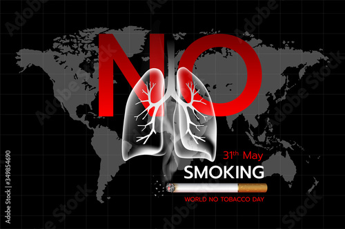 World no tobacco day: Concept of lung and no smoking text design on the world map background.