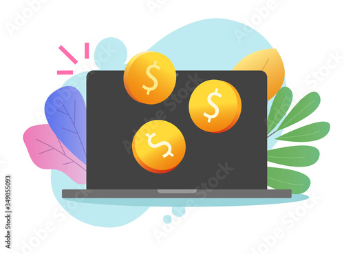 Money earnings online on computer or laptop pc with internet cash income vector flat cartoon, illustrates coins on computer screen, affiliate or partner program or currency savings