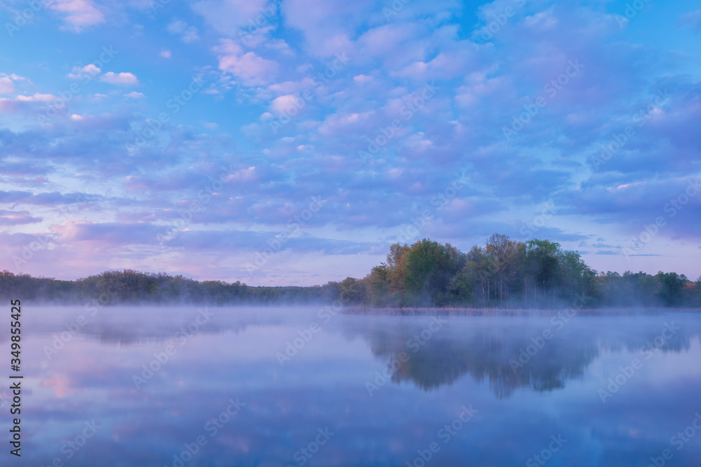 Obraz premium Landscape at dawn of the foggy, spring shoreline of Whitford Lake with reflections in calm water, Fort Custer State Park, Michigan, USA