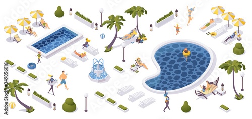 Beach resort concept 3d isometric scene. Tropical palms, pools, loungers and greenery with relaxed people in beachwear and swimwear. Kids and adults walking and having fun