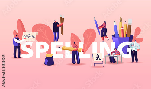 People Characters Spelling Concept. Writing Letters, Script, Creative Hobby Recreation. Woman Sitting at Table with Pen in Hand Practicing Calligraphy Poster Banner Flyer Cartoon Vector Illustration