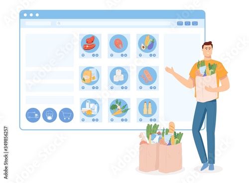 Concept of man shopping online. Food basket on the screen. Online order service. Man shopping online. Order food online using computer.